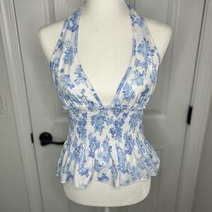 Floral Halter Top with Smocked Waist